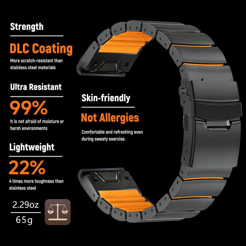 Abanen Lightweight Titanium Silicone Watch Band for Garmin Fenix 8 / Tactix 8 / epix Pro/Enduro, Elevate Dual-Layer Wrist Strap with Flip-Lock Folding Clasp for Fenix 7 /Instinct 3/ Approach S70 47mm Black-Orange 26mm