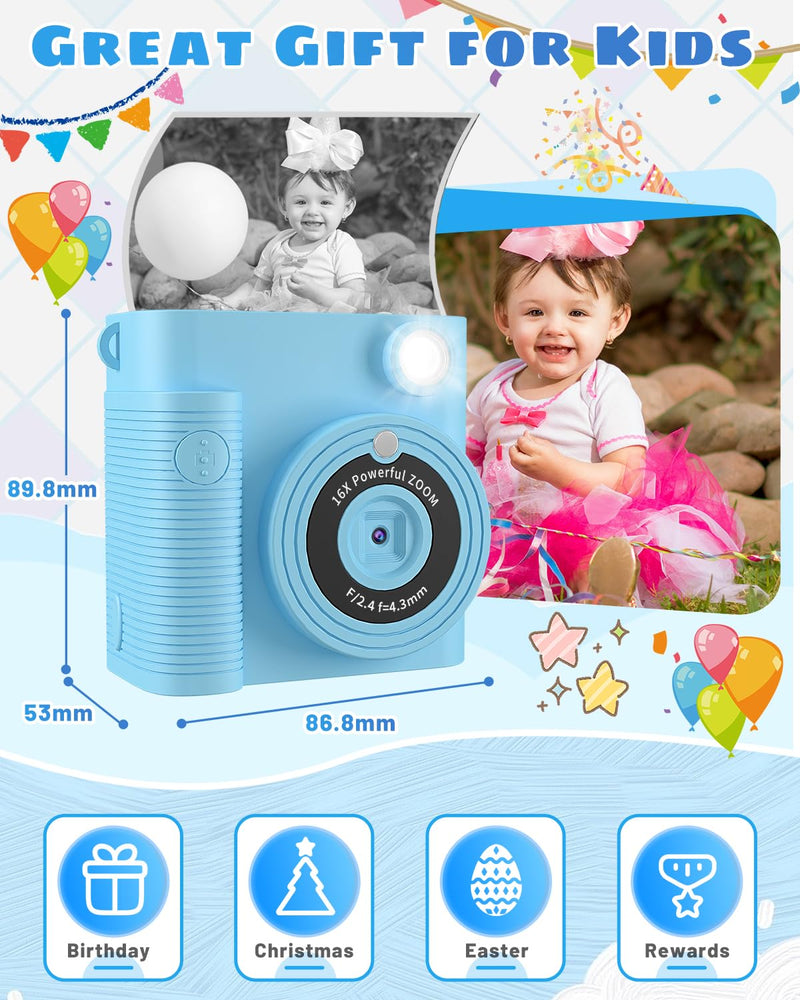 Instant Print Camera for Kids,1080P HD Digital Kids Camera with 32G SD Card,Video Camera for Toddler Christmas Birthday Gifts for 3 4 5 6 7 8 9 10 11 Years Old Girls Boys BLUE
