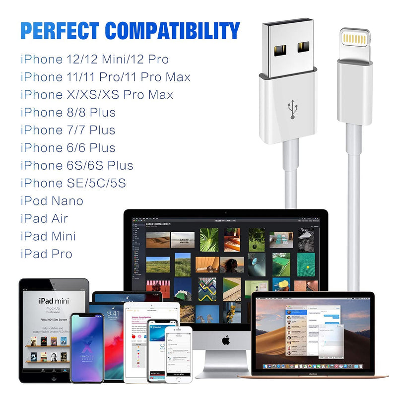 iPhone Charger 3Pack Apple MFi Certified, Lightning Cable 6FT Compatible with iPhone 12 Mini Pro Max SE 11 Xs Max XR X 8 7 6 Plus 5S iPad Pro Airpods White