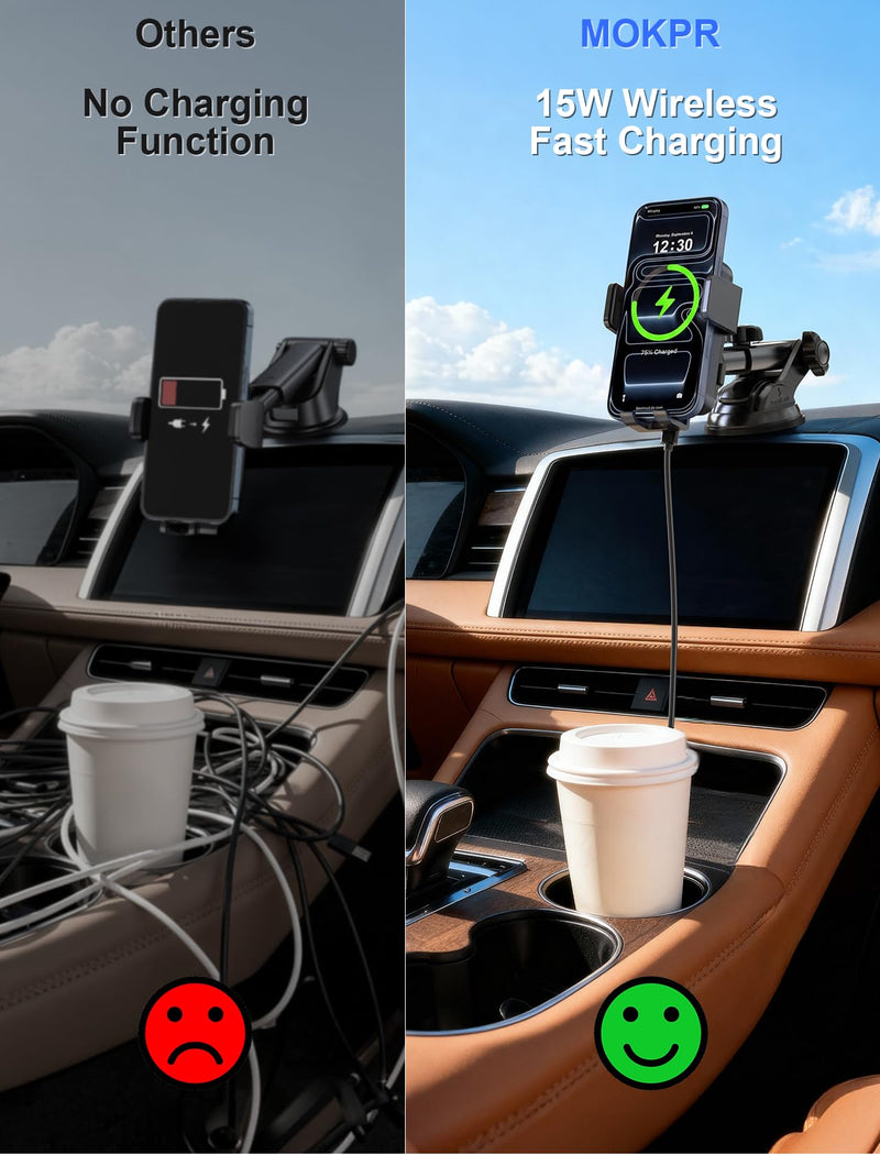 Wireless Car Charger Auto Clamping LED Car Charger Dash Windshield Air Vent | Phone Holder Compatible with iPhone 17 16 15 14/13/13 Pro/12 pro/12/11/X/8, Samsung S24/S23/S22 Series Dashboard