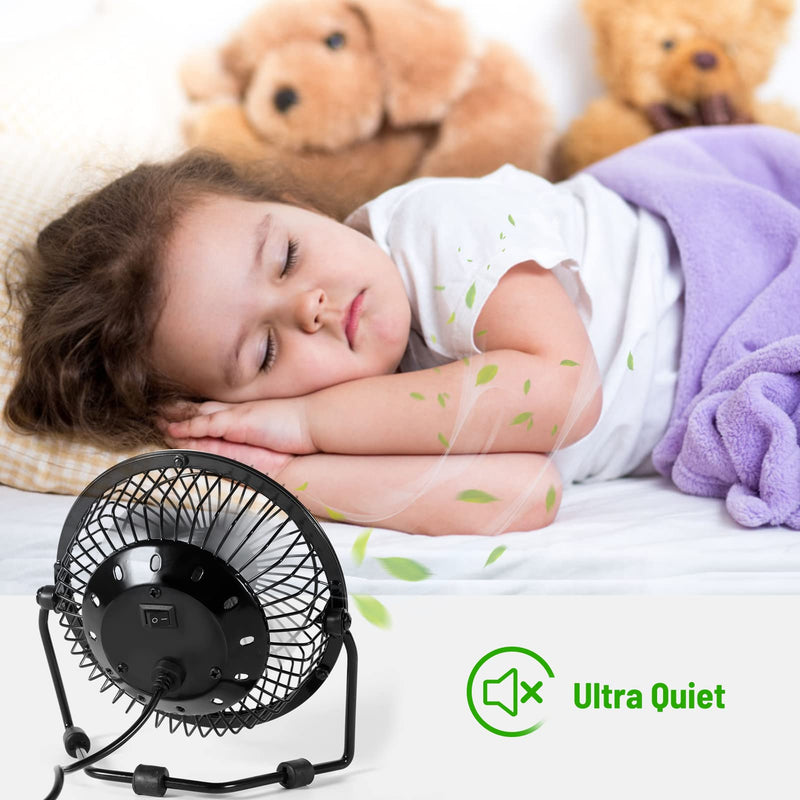 Small Desk Fan, 4 Inch USB Fan Powered by USB, 360° Rotation - Small Fans for Bedroom, Office, Table - Ultra-quiet Personal Cooling Fan with Metal Construction Black