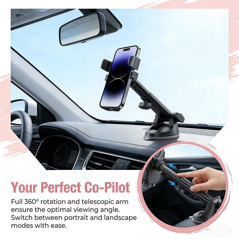 Mandark Car Phone Holder, 360 Degree Rotation Suction Cup Dashboard Vent Mobile Phone Mount Cradle, Auto Interior Dash Windshield Cellphone Stand, Suitable for Most Smartphones (Black) Black