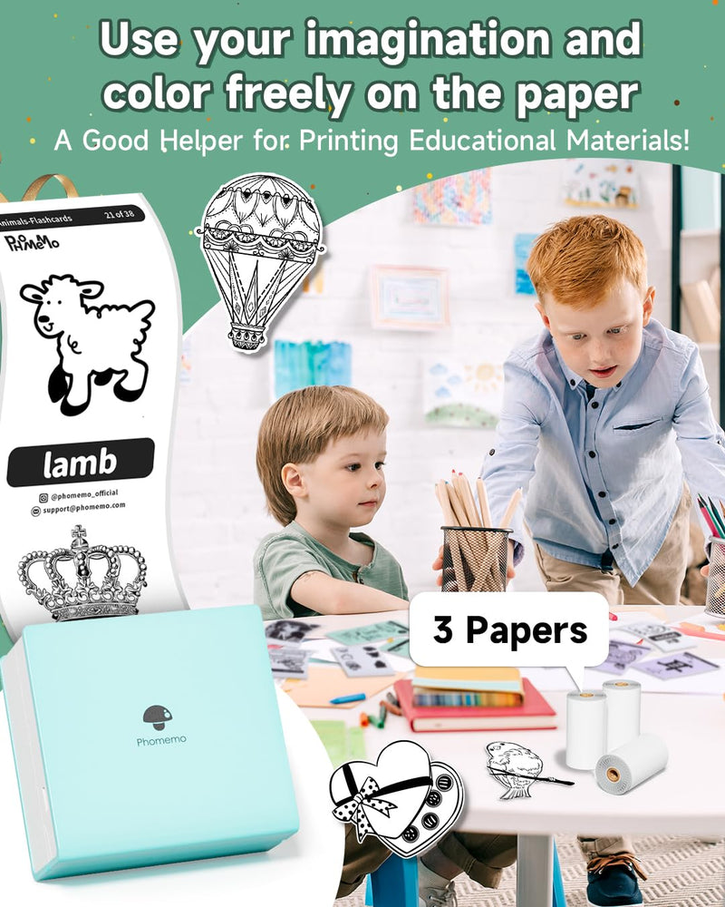 Phomemo Sticker Printer -M02 Mini Thermal Printer Bluetooth Sticker Maker with 3 Rolls Paper, for DIY Creation, Study Notes, Memo, List, Work Plan, Gift, Cyan 1 Printer + 3 Roll Papers
