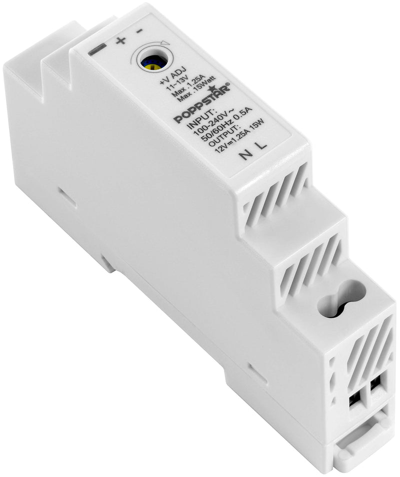 Poppstar Top-Hat Rail Power Supply P-15-12- 12V DC 1.25A 15 W (Input 100-240 V AC 50/60 Hz) 18 x 90 x 58 mm 12 V DC 1,25 A 15 W