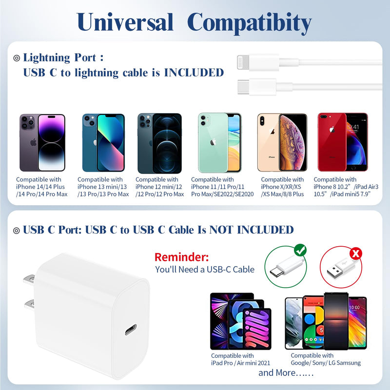 Ximytec 20W USB C Fast Charger [MFi Certified] Compatible with iPhone 14/13/ 12/11/ XS/XR/X/ 8 /iPad, 2Pack PD Type C Charger Blocks with 6FT Type-C to Lightning Cables