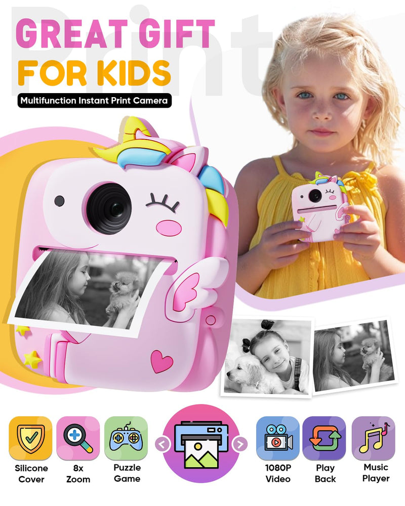 Instant Print Camera for Kids, Christmas Birthday Gifts for 3-8 Year Old Boys Girls, 1080P Kids Digital Camera Toys for Kids Age 3 4 5 6 7 8 with Silicone Cover-Pink Pink