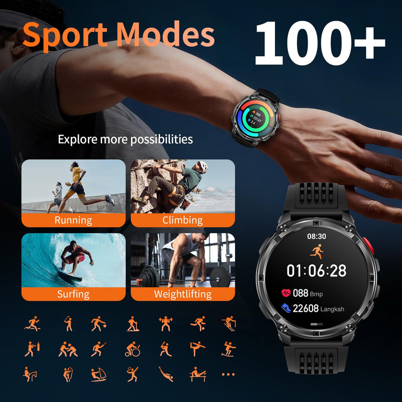Mens Smart Watch for Android Phones and iPhone,Military Sport Smart Watches for Men Fitness Tracker Watch with Flashlight/Compass/Waterproof/100 Days Battery/Heart Rate/Sleep/100+ Sport Modes Black