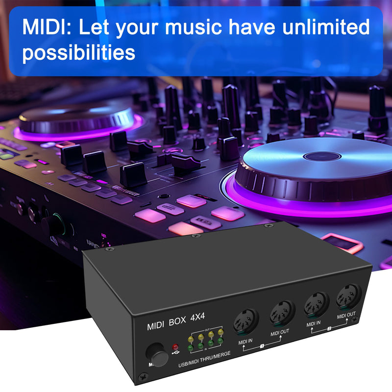 XMSJSIY USB MIDI Interface Box 4 In 4 Out 64 Channel MIDI Thru Box 4 * 4 Converter with Router Merge Splitter Thru Hub with LED Indicators for PC Mac and USB MIDI instruments - 1PCS