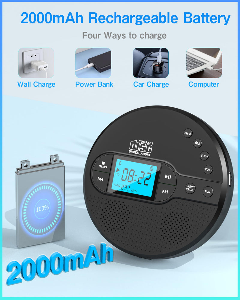Portable CD Player with Bluetooth, Walkman CD Player with FM Transmitter and Speakers for Car, Rechargeable Discman CD Player with Anti-Skip Protection, Headphones, LCD Display (Black)