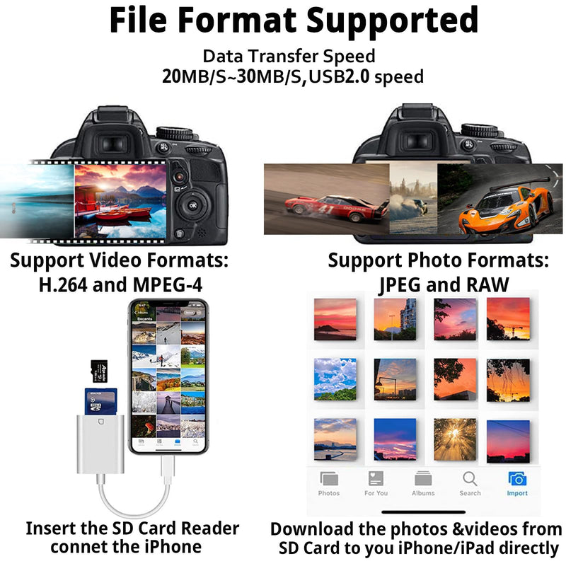 (Apple MFi Certified) Lightning to SD Card Camera Reader for iPhone iPad, 2 in 1 Dual Card Slot Supports SD and TF Card, Portable Sd Card Adapter, Plug and Play 2 Slot