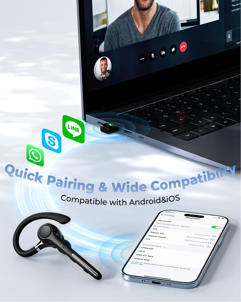 Ngsod Bluetooth Headset V5.4,USB Dongle Wireless Earpiece with Mic for Work | 500mAh Charging Case,50H Talk Time,Dual connect & Mute,ENC Noise Cancelling Lightest Headphones for Work Trucker Deep Black