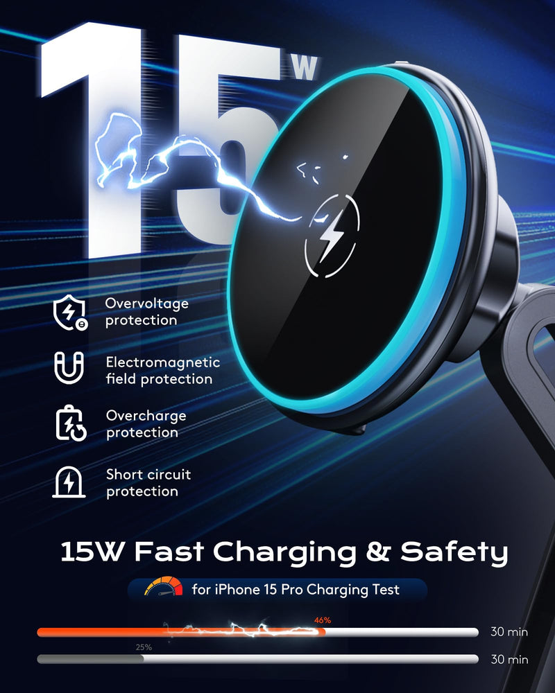 Magnetic Cup Phone Holder Car Wireless Charger for MagSafe, 15W Fast Charging Car Mount Stand for iPhone 16 Pro Max/15/14/13/12, Cupholder Expander, LED Light Ring, Strong N52 Magnets MAG-LIGHT-WC