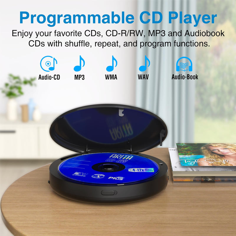 MEGATEK Portable CD Player with Dual Stereo Speakers and 60 Seconds Anti Skip, Personal Walkman CD Player for Car with headphones, USB Port, Bluetooth and FM Transmitter, 2000mAh Rechargeable Battery