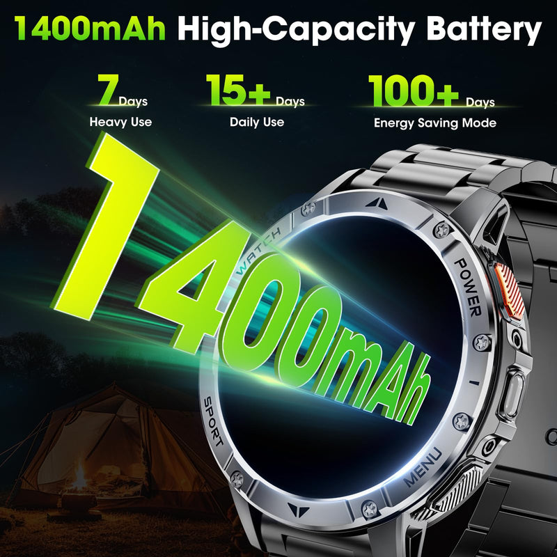 Military Smart Watches for Men, 1.7" HD Smart Watch with Two Flashlights/1400mAh/110+ Sports Modes Fitness Tracker Watch, Waterproof Mens Smart Watch for Android Phones iPhone Compatible(2 Strap) Darkness