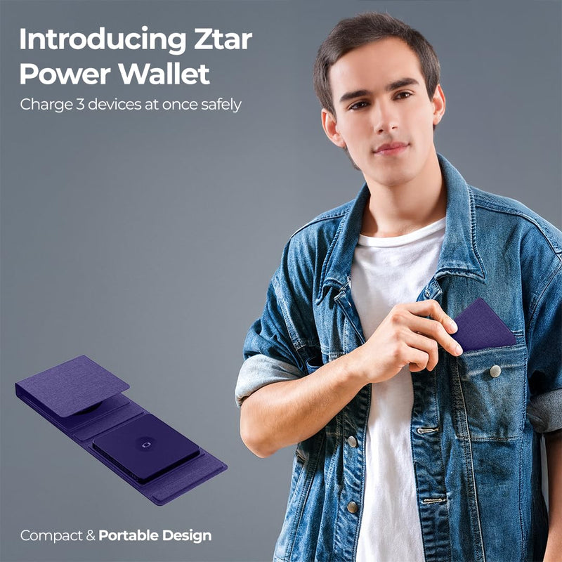 ZTAR 3-in-1 Wireless Travel Charger for iPhone 16/15/14/13/12, Samsung Galaxy with Wireless Capabilities, Earbuds & Apple Watch, Portable Foldable MagSafe Charging Pad for Multiple Devices PURPLE