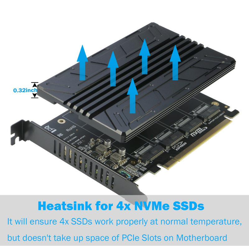 [AUSTRALIA] - Quad NVMe PCIe Adapter, RIITOP 4-Port NVMe to PCI-e 4.0/3.0 x16 Expand Controller Card with Heatsink for 2280/2260/2242/2230 M.2 NVMe SSD (PCI-e Bifurcation Required) 