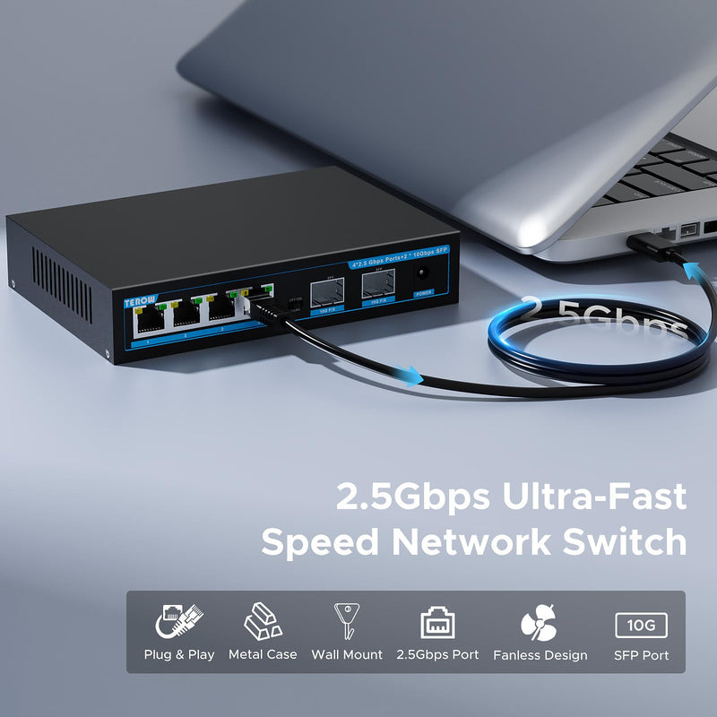 Network Ethernet Switch,2.5 Gigabit Portable, Plug&Play,Fanless Housing,Black, for Home/Office,4*2.5G with 2*10G SFP 6