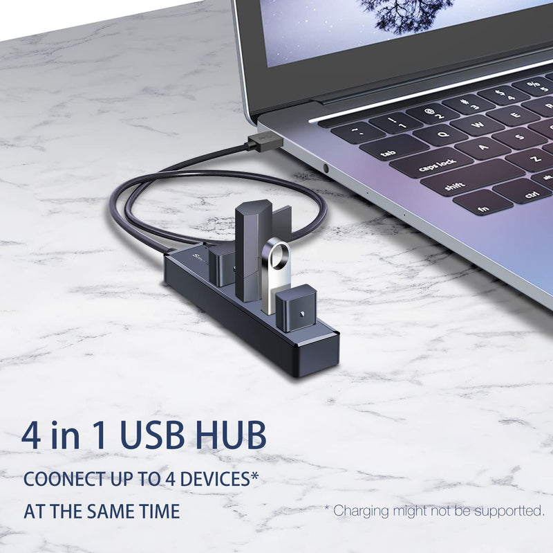 SmartQ H302S USB 3.0 Hub for Laptop with 2ft Long Cable, Multi USB Port Expander , Fast Data Transfer USB Splitter for Laptop, Compatible with Windows PC, Mac, Printer, Mobile HDD Slim USB 3.0 - 2 ft