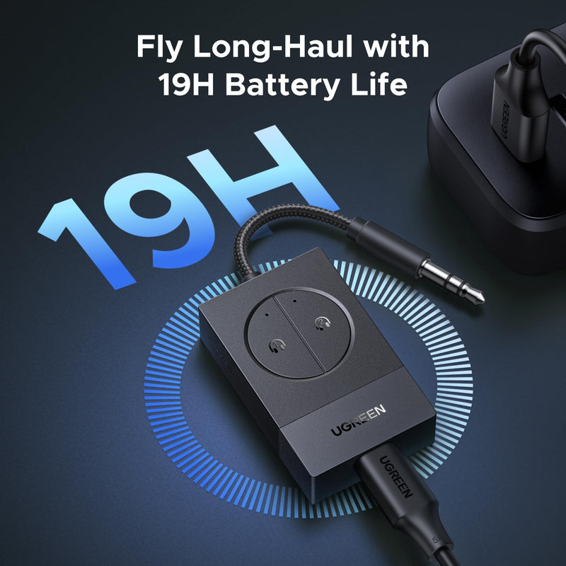UGREEN Airplane Bluetooth 5.4 Adapter for 2 Airpods or Headphones, Wireless Bluetooth Transmitter Compatible with All AirPods Like Airpods 4/Pro2/Max,Dual 3.5MM AUX Jack Adapter Included