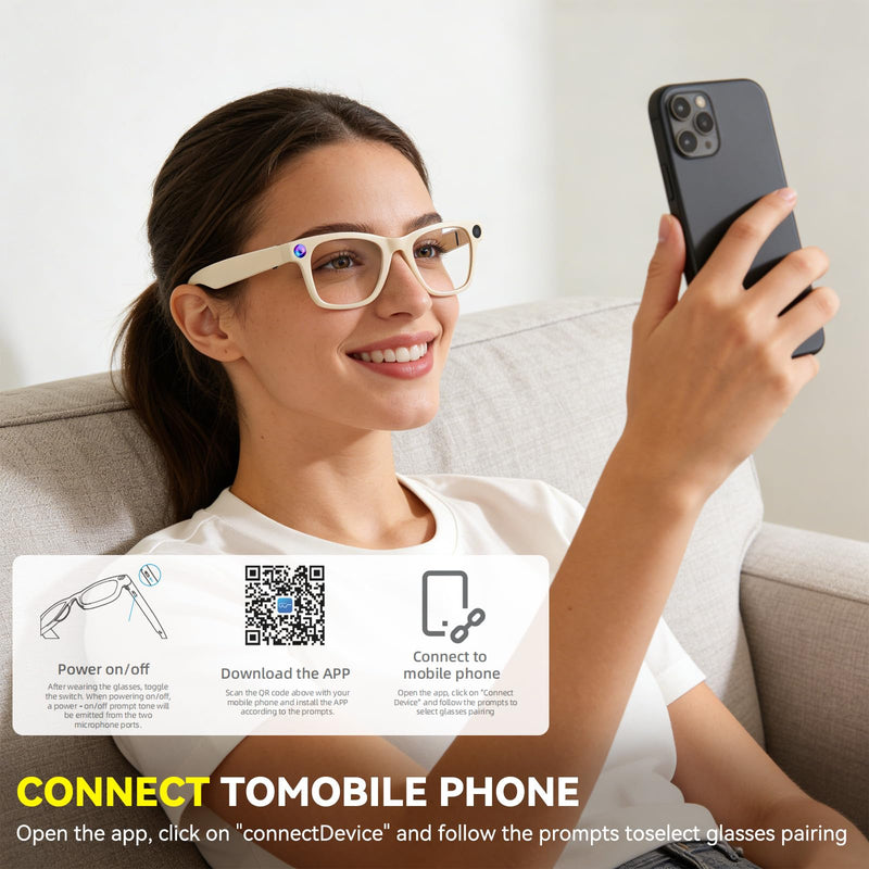 AI Smart Glasses with Camera, 1080P HD Anti-Shake Recording Glasses | ChatGPT Voice Assistant, UV Protection, Real-Time Translation,Open Ear Earbuds for Travel/Meetings/Vlog White