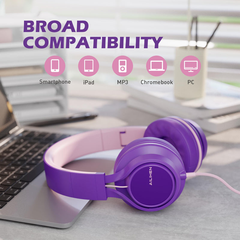[AUSTRALIA] - AILIHEN C8 Girls Headphones, On-Ear Headphones Wired with Microphone and Volume Control Foldable Corded Stereo 3.5mm Headset for Girls School Chromebook Laptop Computer PC Tablets Travel (Purple Pink) Purple Pink 