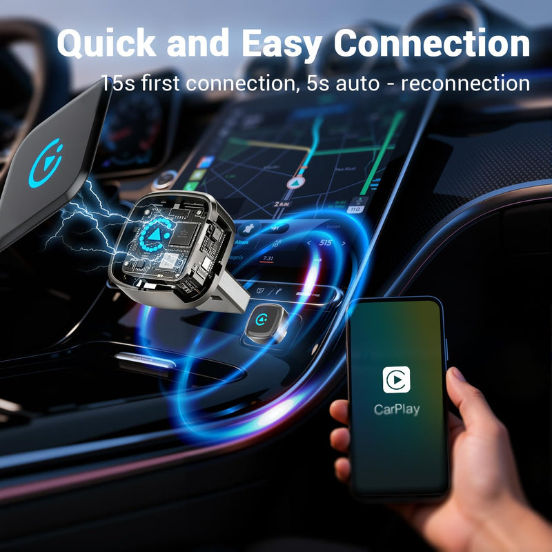 2-in-1 Wireless CarPlay & Android Auto Adapter, Plug & Play CarPlay Dongle Converts Wired to Wireless, Fast Auto-Connect, No Delay, Compact Design for iPhone & Android with USB/USB-C Port（Silver gray）
