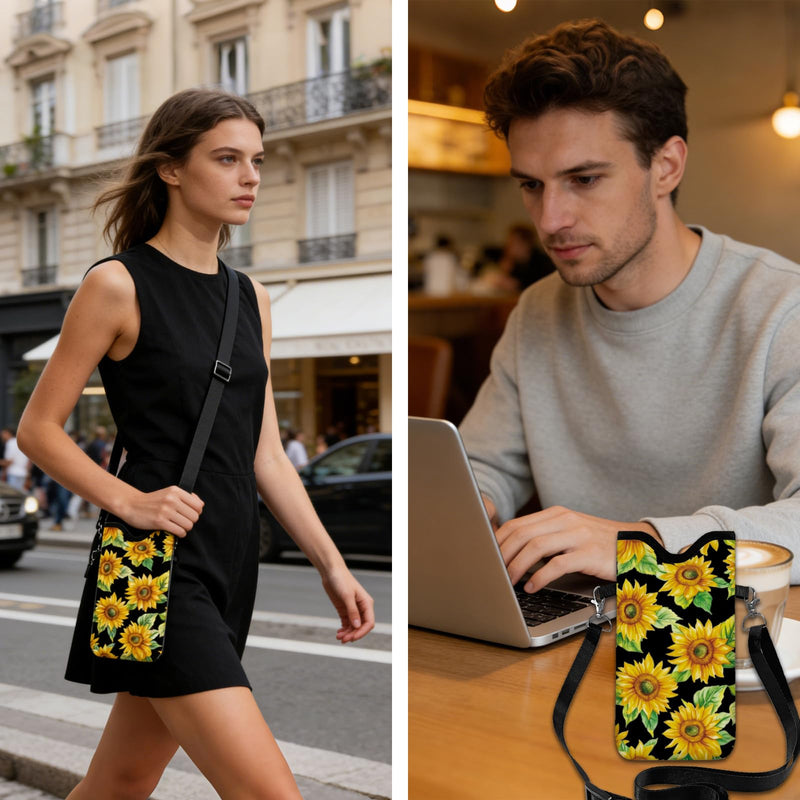 GLOBLELAND Sunflowers Cell Phone Sleeve Pouch Case Bag 7.1×3.9 inch Flowers Shockproof Universal Phone Bag with Crossbody Strap Neck Lanyard for Women Men Phone Headphones Watch