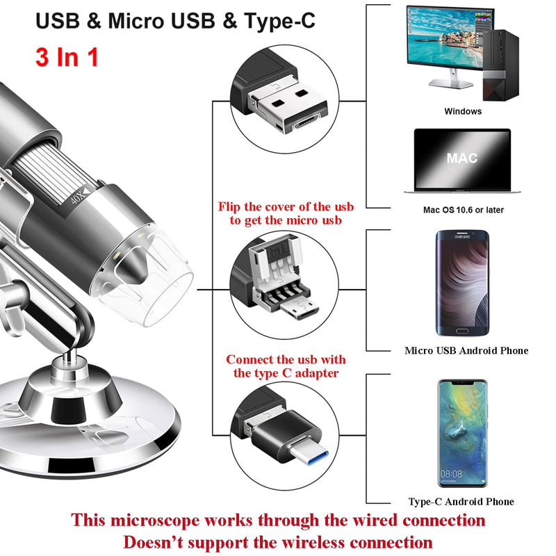 USB Microscope Camera with Stand & Carrying Case, Cainda Digital Microscope Compatible with Android Windows Linux Mac, Portable Magnifier Camera for Kids Students Adults(Not for iPhone/iPad) Gray