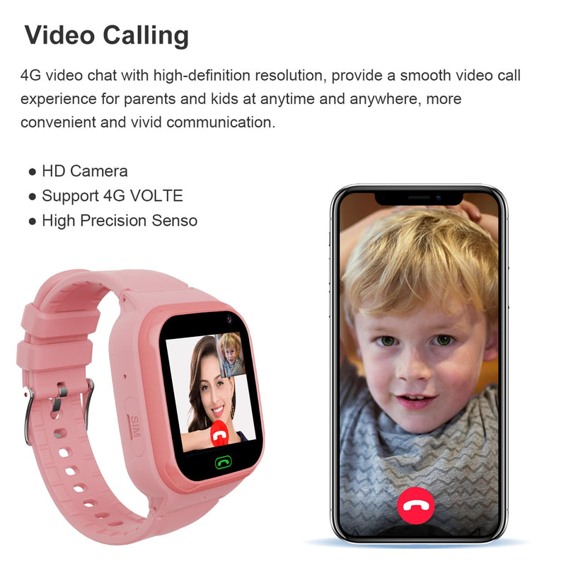 4G Kids Smart Watch GPS Tracker, Boys Girls Kids Smartwatches Phone Watch Video Call SOS Emergency Alarm Voice Chat Game and Touch Screen Tracking Smartwatch for Age 4-12 (Pink) Pink