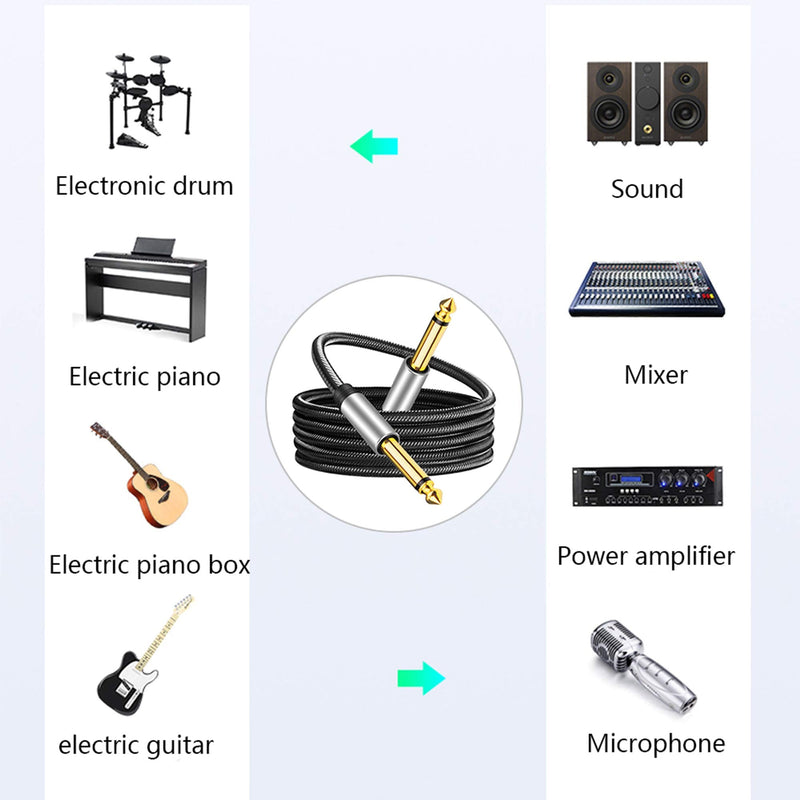 6.35mm Instrument Cable 3Ft,Silver Color Premium 6.35mm Mono Jack 1/4" TS Cable Unbalanced Guitar Patch Cords/Instrument Cable Male to Male with Zinc Alloy Housing and Nylon Braid(3Ft/1M) 3Ft/1M