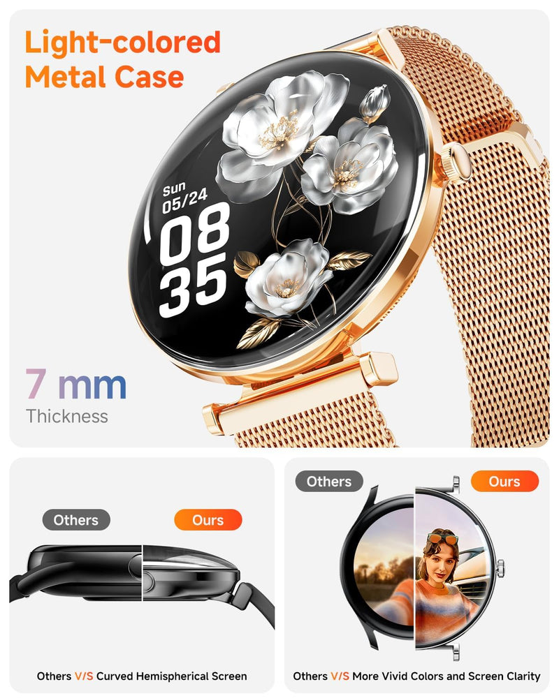 Hwagol Smart Watches for Women with Android iPhone Compatible[Calls/Metal Thin Body],1.43" Micro-Spherical AMOLED Screen,Sports Watch with Sleep/Heart Rate Monitor,Pedometer for Steps Miles (Gold) Gold