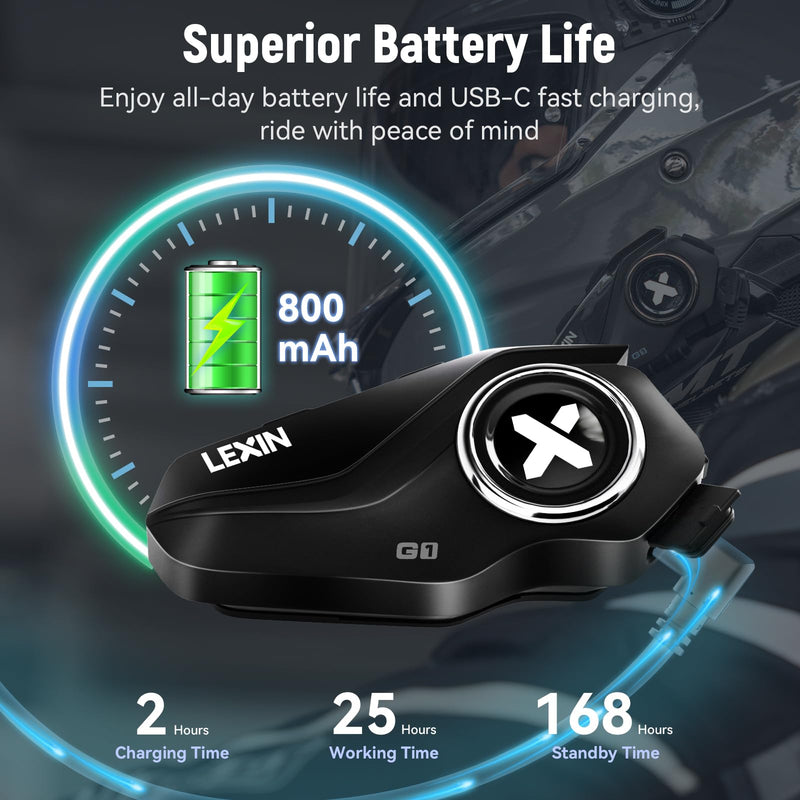 LEXIN G1 Motorcycle Bluetooth Headset, Waterproof Helmet Headphones with 2 Types Microphones, Hands-Free Call/Music/GPS, 6 Shells/USB-C Fast Charging/Noise Cancelling, Compatible with ATVs/Dirt Bike