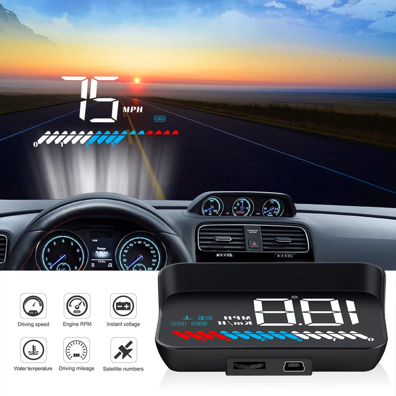 Car HUD Head Up Display M7, OBD/GPS Smart Gauge, Driving Speed, Engine RPM, Voltage, Water Temperature, Etc.., Works Great for All Cars