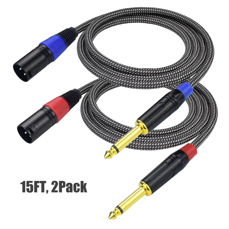 Unbalanced 1/4" TS Mono to XLR Male Microphone Cable, 15Feet 6.35mm Quarter inch to XLR Audio Patch Cord, Nylon Braided Heavy Duty, Copper Shielded Noise Free, for Speaker Mixer - 2Pack 15Feet, 2Pack