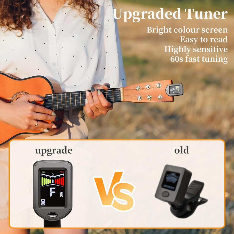 New Bee Clip-On Guitar Tuner Rechargeable with Color Screen 360° Rotatable Chromatic Tuner for Guitar, Bass, Ukulele, Violin (Black, 2 Pack) Black