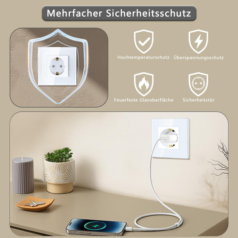 TAWOIA Schuko Socket, EU Standard 1 Compartment Socket Glass Flush-Mounted Socket, Sockets with Crystal Glass Plate, Wall Sockets, White, 86 x 86 mm 1-gang