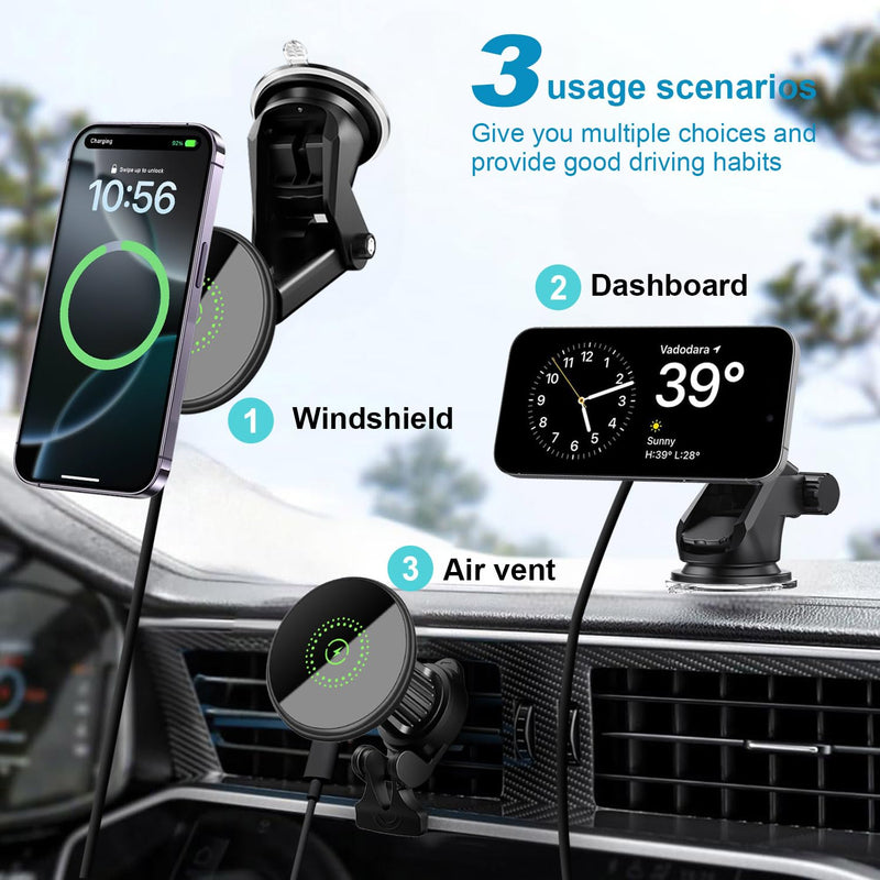 25W Magnetic Fast Wireless Car Charger Phone Holder Compatible with Magsafe, iPhone 17 16 15 14 13 12, Air Vent Dashboard Windscreen Mount