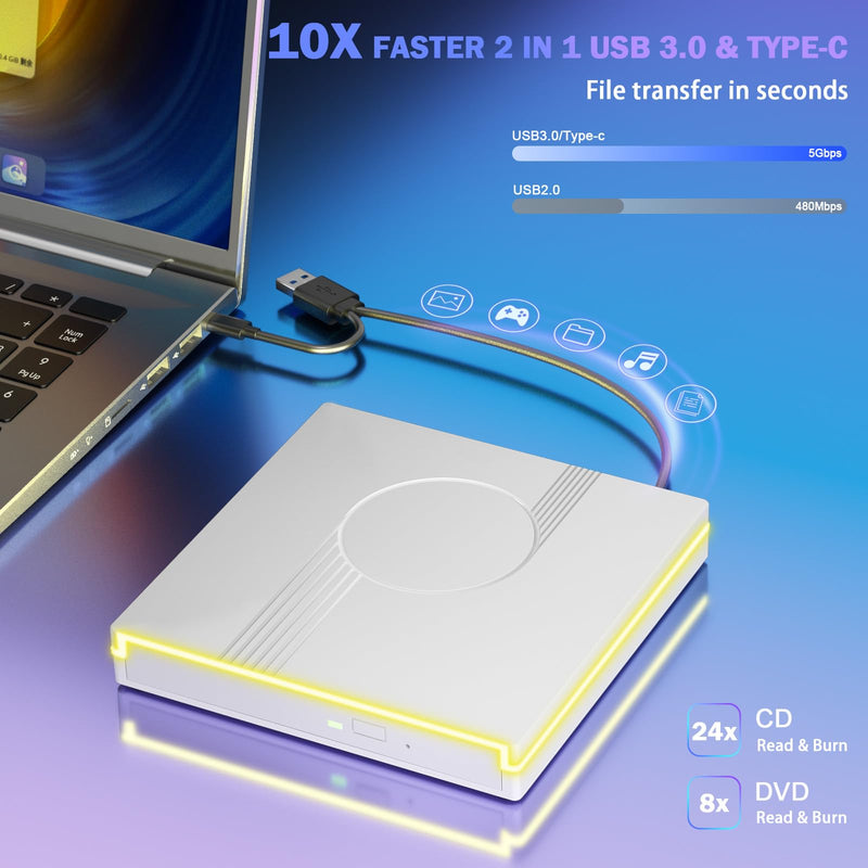 Wbacon External CD/DVD Drive for Laptop, RGB & USB 3.0 Type-C CD DVD Burner | External CD DVD Player +/-RW Optical Disc Drive, Slim CD ROM External Drive for Laptop Desktop PC Windows Mac (White) White