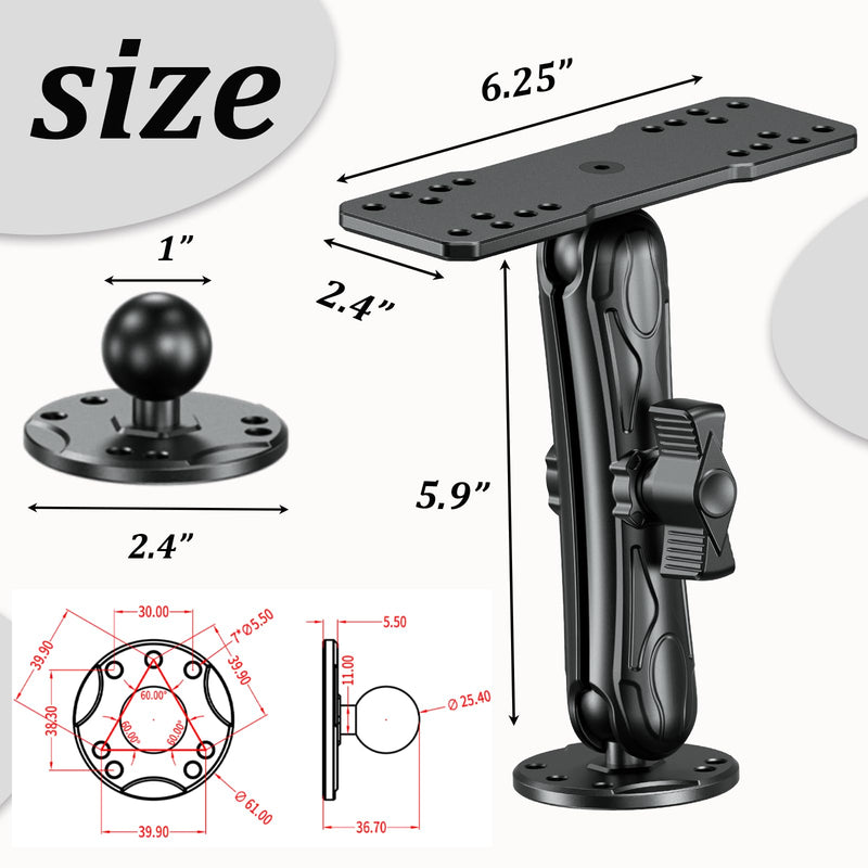 LOKTENWO Aluminum Alloy Fish Finder Mount, Marine Electronic Mount | With B Size 1" Ball Rectangle Plate, 5.9" Medium Arm, AMPS Hole Round Base Compatible with Garmin, Lowrance, Raymarine