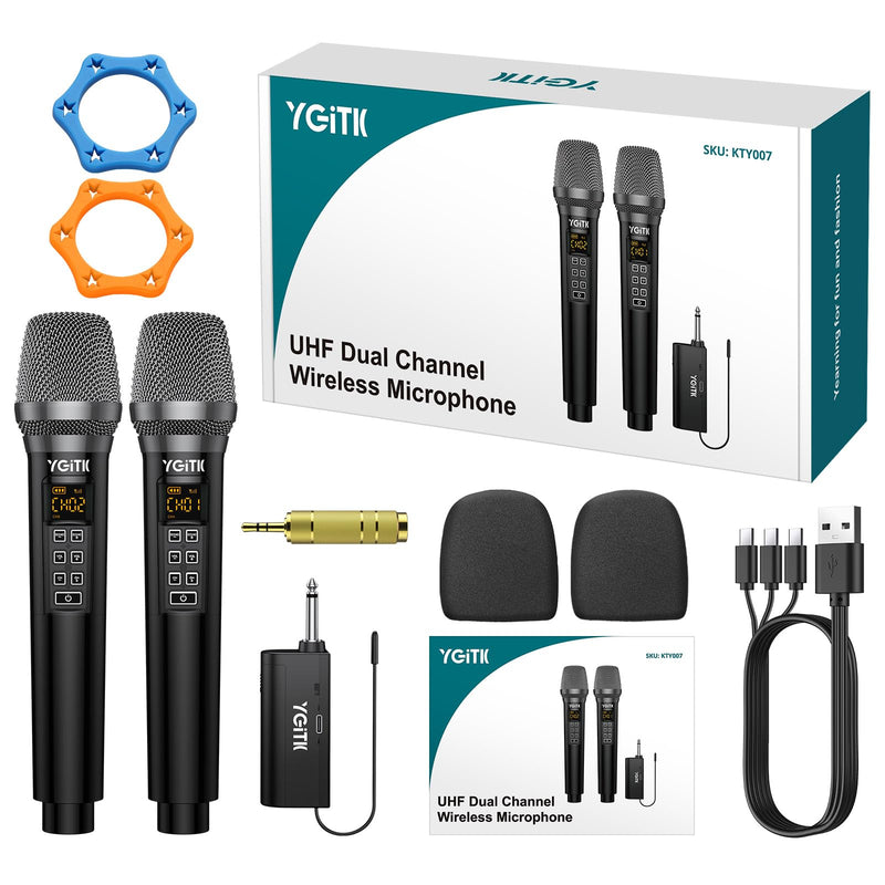 Wireless Microphone, UHF Metal Dual Handheld Cordless Dynamic Mic System with Rechargeable Receiver 2X30 Channels Wireless Microphones System ECHO Adjust 160ft Range for Singing, Wedding