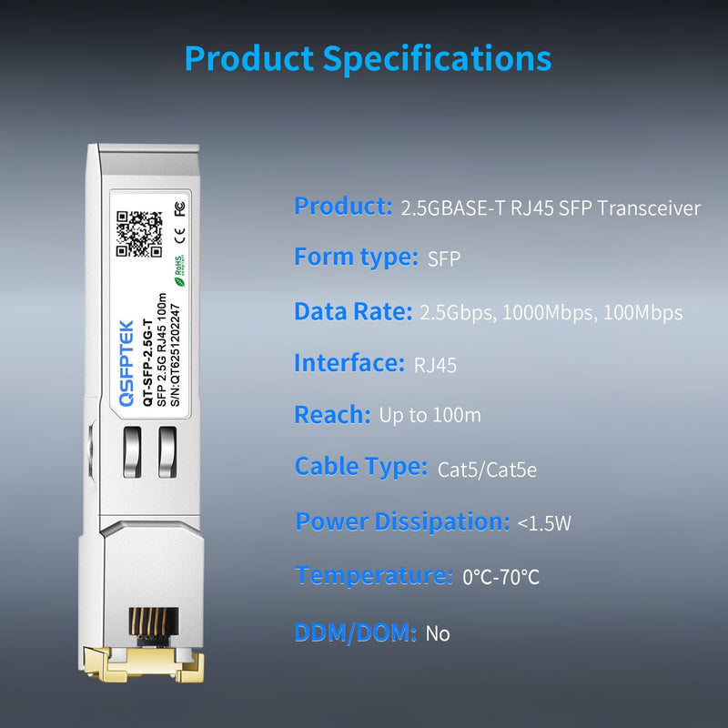 QSFPTEK 2.5Gbase-T Network Transceivers, 2.5G SFP to RJ45, 2.5gb Copper Module Mini Gbic Compatible Generic, 100m, Other Open Switches X 1 For Generic