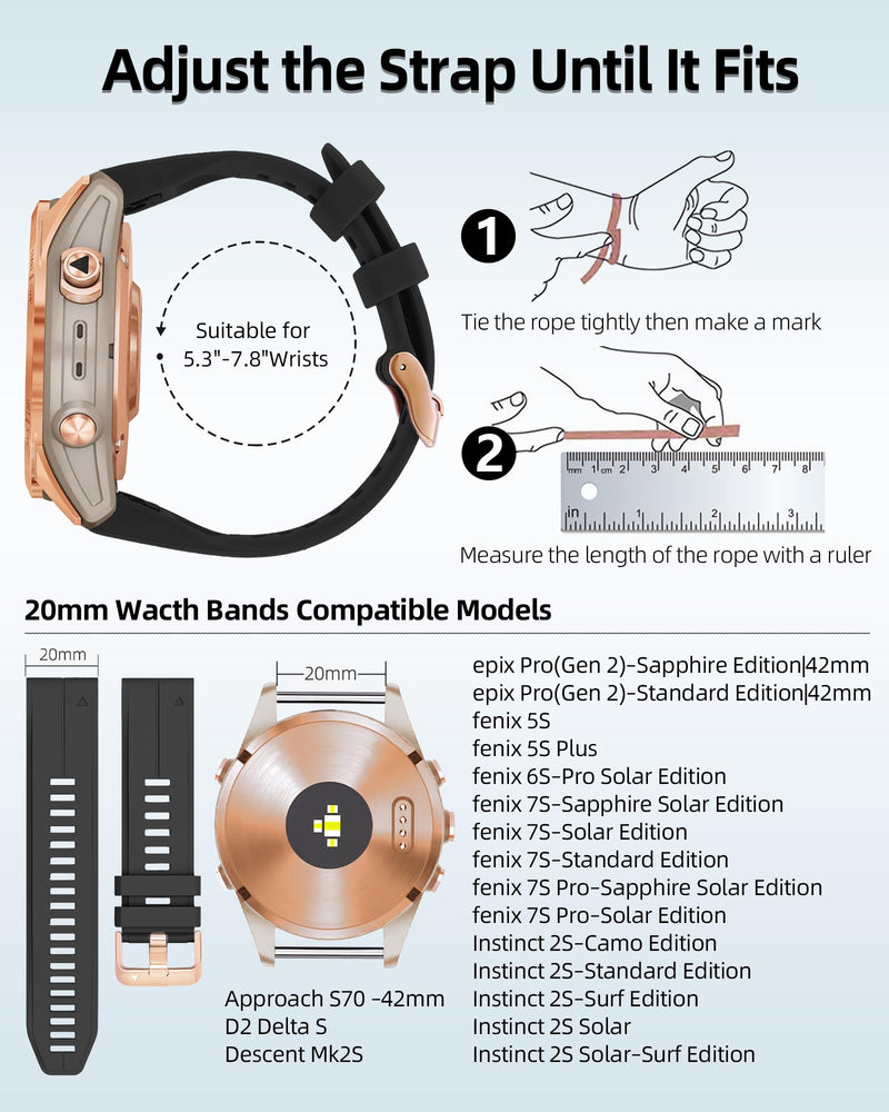 20mm Watch Band Replacement for Garmin fenix 5S/5S Plus/6S/7S/Instinct 2S/D2，Quick Fit silicone with rosegold buckle, WHITE and BLACK Bundle