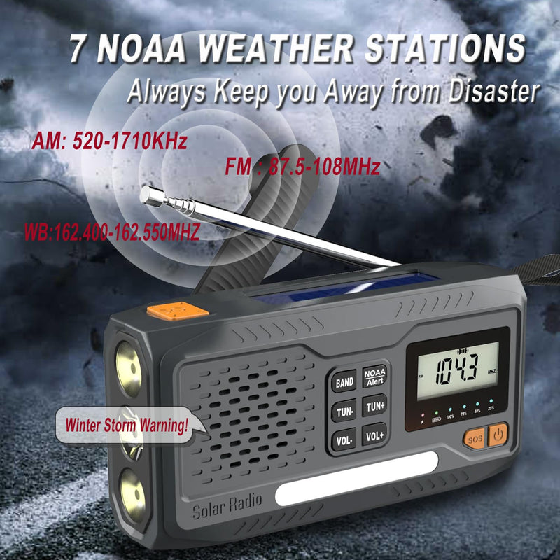 [AUSTRALIA] - 7400mWh Solar Hand Crank Emergency Weather Radio, NOAA/AM/FM Wind Up Radio with Flashlight, Cell Phone Charger, SOS Alarm, Digital Display for Hurricane Survival Camping Outdoor 