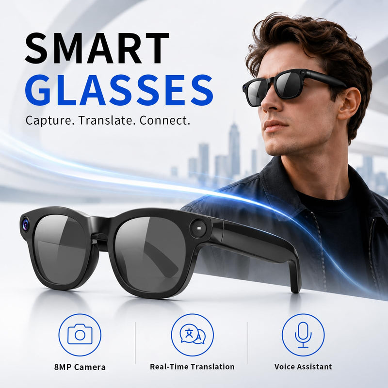 AI Smart Glasses with 8MP Camera – 4K Video Recording Anti-Shake | Open Ear Bluetooth Glasses for Men Women, AI Voice Control Translation, Outdoor Sports Cycling Travel