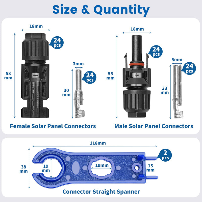 Elecoutek 24 Pairs Solar Plug Set, Solar Panel Plug for 2.5/4/6 mm² Solar Cable, Solar System, Solar Module, Photovoltaic Connector IP67 with Wrench