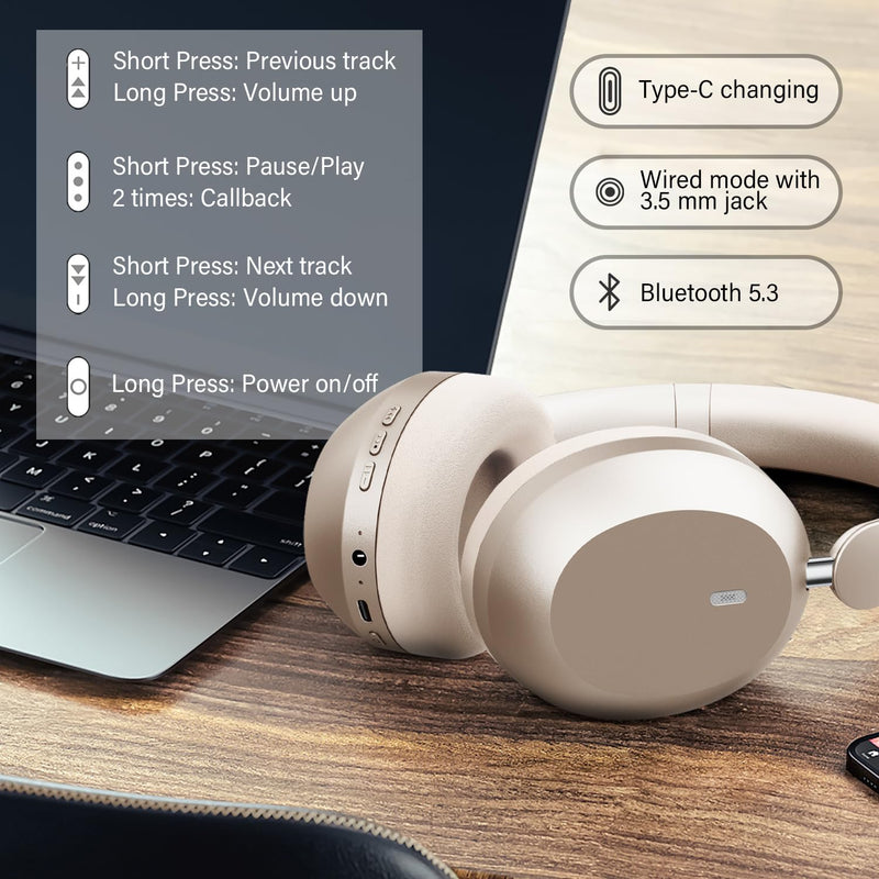 Y05 Bluetooth Headphones Wireless Over Ear with Microphone 48 Hours Playtime, High Sound Quality Foldable Soft Earpads Earphones for Travel - Starlight