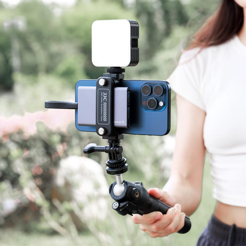 JJC 2-in-1 Multi-Use Phone Clamp SSD Holder Bracket, 360°Rotates SSD Mount Support with Cold Shoe, 1/4"-20 Tripod Mount for Photography Videography Video Recording Vlog Streaming