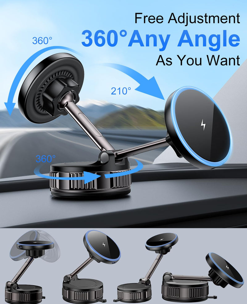 iPhone Magsafe Car Mount Charger 15W Fast Wireless Charging for Your car | [120+ LB Strongest Suction & 2800gf Strongest Magnetic] 360° Adjustable Car Phone Holders,for iPhone 17 16 15 14 13 12 series Black