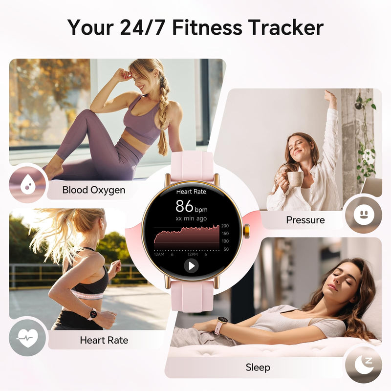 Gydom Smart Watch for Women, 40mm HD Fitness Tracker, Answer & Make Call | for iPhone/Android/Samsung, Heart Rate/SpO2/Stress/Sleep Monitor, 7 Day Battery, 110+ Sports Modes, 2 Band, IP68, Pink 1.27"