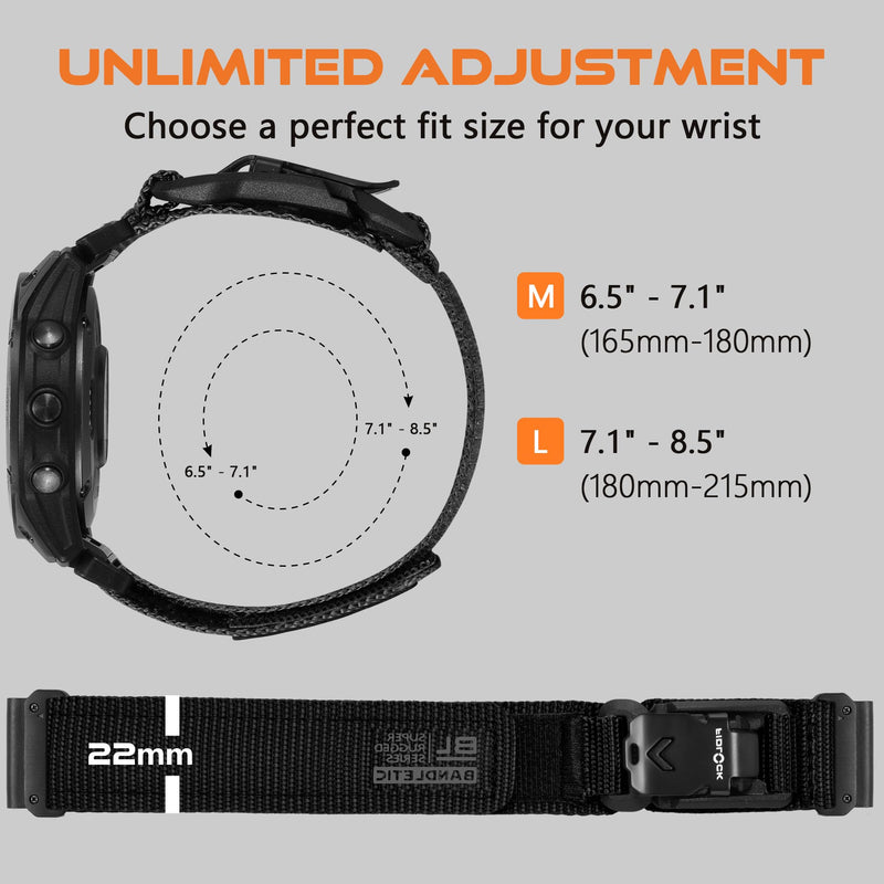 Bandletic 22mm Easy-Fit Band Compatible with Garmin Fenix 5 6 7 Watch | Rugged Nylon Strap with Magnetic Fidlock V-Buckle, For Fenix 8 47mm/7 6 Pro/5 Plus/Forerunner 965/945/Approach/Instinct 3 2 Black Large (7.1"-8.5")
